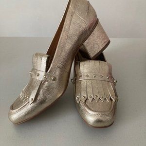 Franco Sarto Lauryn Kiltie Fringe Block Heel Loafers Gold 8.5